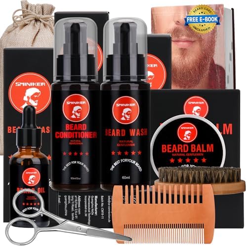 Beard Grooming Kit, Beard Oil, Beard Balm, Beard Shampoo, Beard Conditioner, Beard Brush, Beard Comb and Beard Mustache Scissors Beard Care Unique Gifts for Men Beard Growth & Trimming Kit