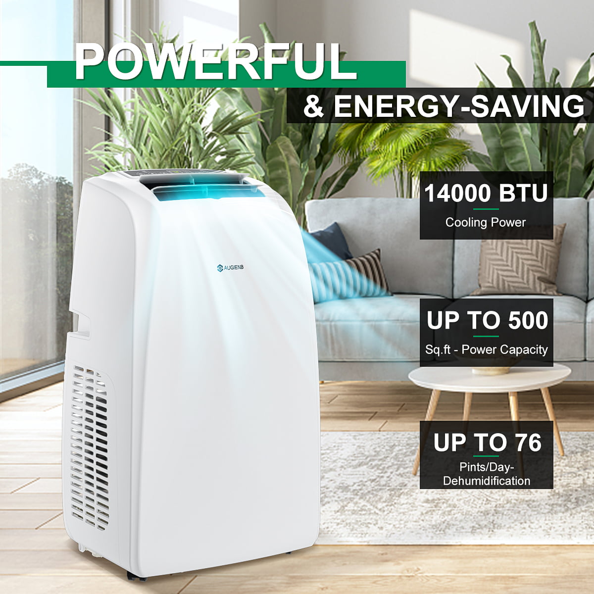 AUGIENB 14000 BTU Portable Air Conditioner.Evaporative Air Cooler .Dehumidifier Cooling Fan 24-Hour Timer.Cooling Up to 500 Sq. W/ Remote Control &Window Kit